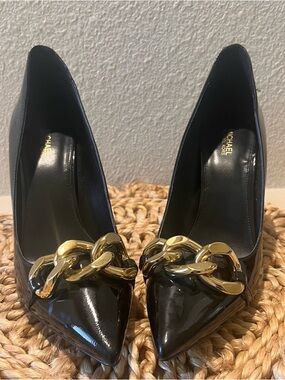 Michael Kors Scarlett Black Patent Pointed Toe Heels with Chunky Gold Chain